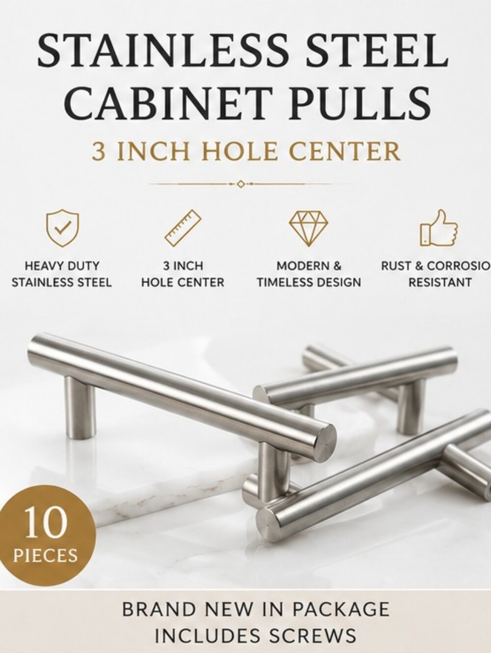 10-Pack Heavy Duty Stainless Steel Cabinet Pulls | 3" Hole Center | Brushed